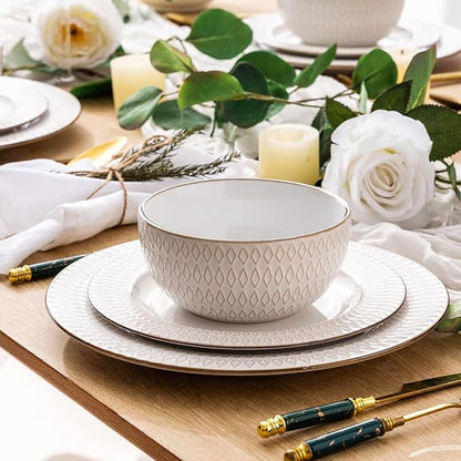 GBHOME Ceramic Dinnerware Sets,12 pcs Embossed Elegant Stoneware Plates and Bowls Sets, Housewarming Wedding Gift | Dishwasher & Microwave Safe | Dishes Set Service for 4