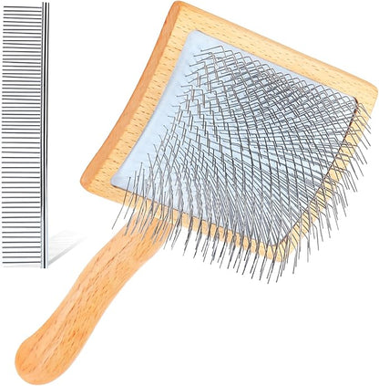Dog Slicker Brush for Shedding and Grooming Medium or Long Haired Cats, Extra Long & Soft Pin Slicker Brush for Removes Loose Hair, Tangles, Knots, Undercoat, Free Pet Comb, Large, Oak
