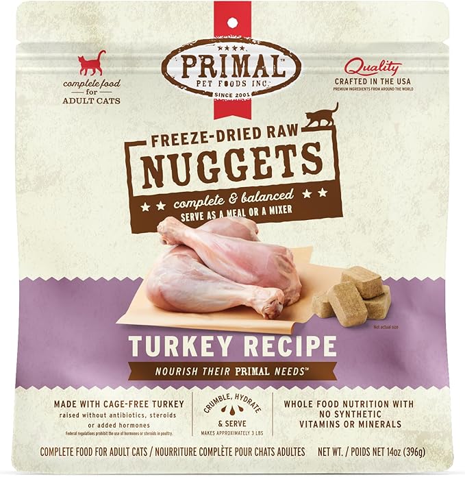 Primal Freeze Dried Raw Cat Food Nuggets Turkey, Complete & Balanced Meal or Topper, Premium, Healthy, Grain Free, High Protein Raw Cat Food with Probiotics (14 oz)