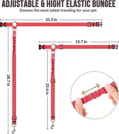 SlowTon Dog Seat Belt for Car, 2 Pack Dog Car Harness Seatbelt Adjustable with Elastic Bungee Buffer, 2 in 1 Pet Car Leash Headrest Restraint Dog Reflective Safety Tether (S, Red, Headrest+Clip)