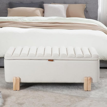 Kmax 45" Storage Bench Linen Entryway Bench Upholstered Ottoman Bench with Wavy Top & Safty Hinge for Bedroom Living Room Hallway, Beige