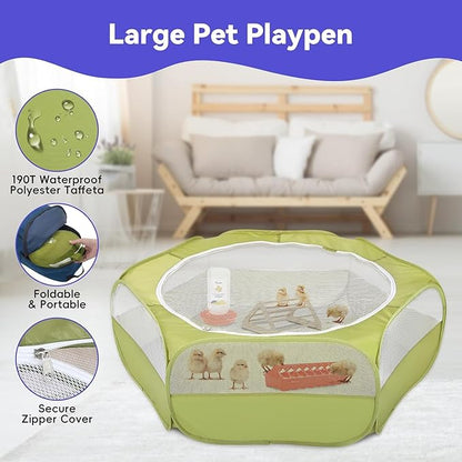 Pawaboo 5-in-1 Chicken Brooder Box for Chick Starter Kit, Includes Pet Cage Tent, Chicks Perch, Chick Feeder, 1.1L Chick Waterer, Baby Chick Supplies (Brooder Set), Green + Red + Wood Color
