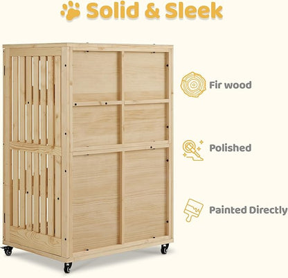 MCombo Wooden Cat Houses for Indoor Cats, Luxury Kitten House with Scratching Pad, Lockable Doors, Wheels, CT090