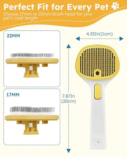 FURGO 3-in-1 Pet Steam Brush for Dogs & Cats – Reduces Static, Replaceable Heads, One-Touch Hair Ejection, Dog Spray Brush for Shedding Control(Long&Short)