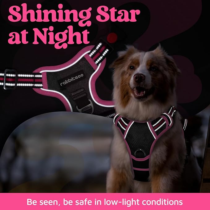 rabbitgoo Dog Harness for Large Dogs, No Pull Pet Vest with 3 Buckles, Adjustable Soft Padded Pet Harness with Easy Control Handle and Reflective Strips, Black & Rose Pink, XL