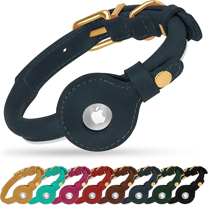 OOPSDOGGY Rolled Leather Dog Collar with Airtag Holder - Reflective Round Airtag Dog Collar - Soft Tracking Pet Collar for Small Dogs Puppy Cats Kitten (Denim, XS, 8"-11")