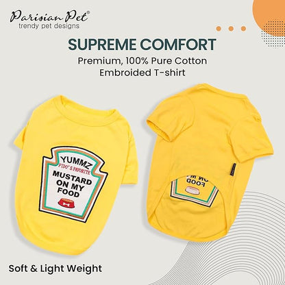 Parisian Pet Dog Shirt - Embroidered “Mustard on My Food“ - 100% Cotton and Polyester Dog Clothes - Sleeved, Lightweight Costume for Dogs - Yellow Dog Shirts for Large Dogs - Pet Costumes - L