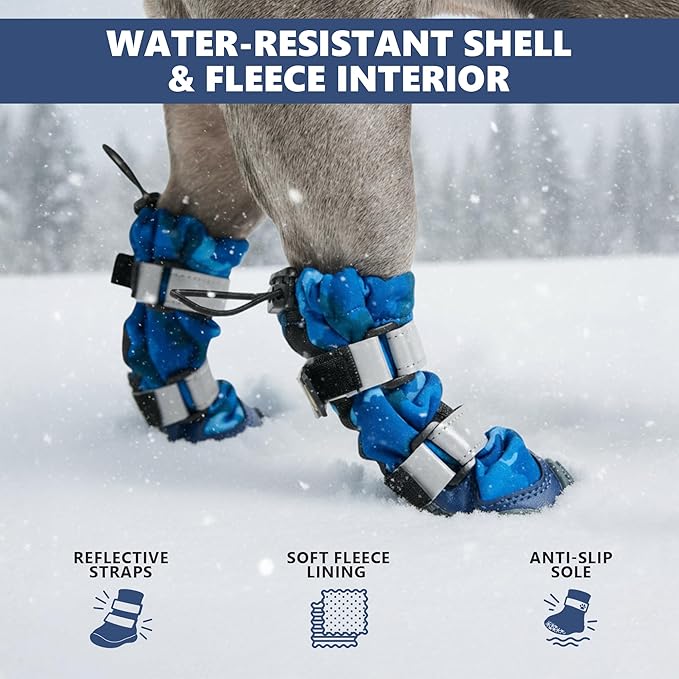 Spark Paws Dog Shoes, Waterproof Dog Boots for Medium to Large Dogs, Non Slip, Breathable Dog Booties and Paw Protectors - 4PCS Doggie Hiking Boots with Reflective Straps, Blue Camo, Size 4