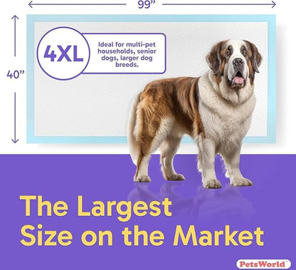 PETSWORLD Mega-Sized Dog Pee Pads (40" x 99") – 4XL Gigantic Pet Piddle Pads for Puppy Training, Incontinence – with Adhesive Sticky Tape – Leak Proof, 5-Layer Protection (80 Count)