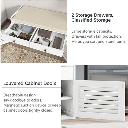 Shoe Storage Bench with 2 Drawers & 2 Doors, Entryway Bench with Cushion, 2 Adjustable Shelves, Shoe Cabinet for Entryway, Living Room, Hallway, Mudroom, Bedroom, White