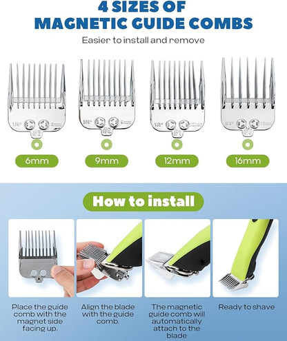 Cordless Horse Clippers, Professional Pet Grooming Clippers, 2 Speed Pet Trimmer with 4 Magnetic Guide Comb, Detachable Blade, Low Noise< 50db for Horse,Pony,Cat,Dog,Goat