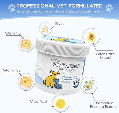 Eye Wipes for Dogs & Cats - Tear Stain Remover for Dogs - Dog Eye Cleaner, Eye Debris, Discharge, Mucus Secretions - Eye Wipes for Dogs & cat Eye Wipes (3.2 in,300pcs)