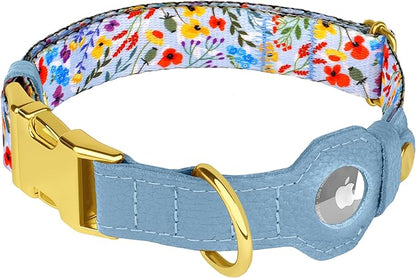 AirTag Dog Collar for Small Medium Large Breed - Adjustable Cute Pattern Dog Collar with Airtag Holder - Soft Leather Tracker GPS Apple Air Tag Pet Collars (X-Large, 20"-25" Neck Fit, Floral)