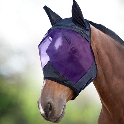 Harrison Howard CareMaster Horse Fly Mask Half Face with Ears Black/Purple Retro Medium Cob
