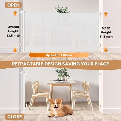 Reinforced Retractable Baby Gate or Mesh Dog Gate,Easy to Use for Stairs, Doorways, Hallways, Indoor, Outdoor, Wide Pet Gate 33.5" Tall, Extends to 45" Wide, White
