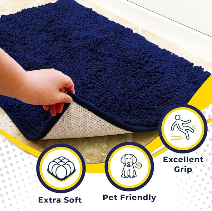 Muddy Mat® AS-SEEN-ON-TV Highly Absorbent Microfiber Dog Door Mat and Pet Rug, Non Slip Thick Washable Area and Bath Mat Soft Chenille for Kitchen Bathroom Bedroom and Indoor- Navy Blue Medium 30"X19"