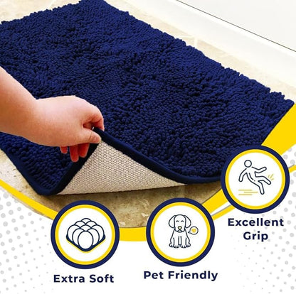 Muddy Mat® AS-SEEN-ON-TV Highly Absorbent Microfiber Dog Door Mat and Pet Rug, Non Slip Thick Washable Area and Bath Mat Soft Chenille for Kitchen Bathroom Bedroom and Indoor- Navy Blue Medium 30"X19"