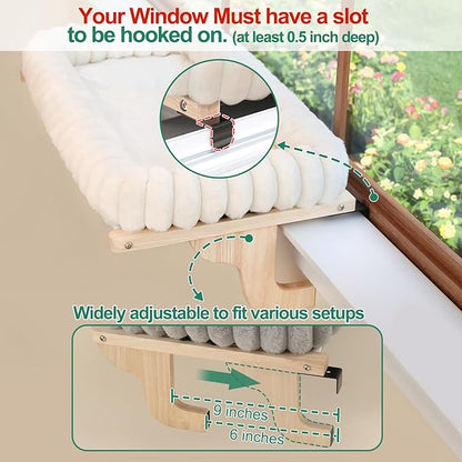 SnugCloud Cat Window Perch with 4-Sided Bolster - Orthopedic Cat Hammock for Window Sill - Solid Hardwood & Metal Frame - Window Seat for Pets (Natural Color Wood w/White Bed, Medium)