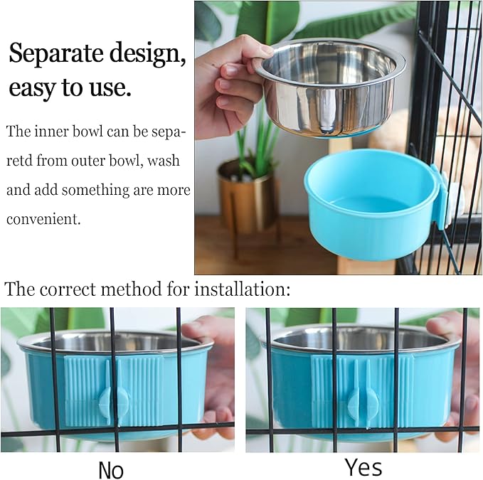 kathson Crate Dog Bowl, Removable Stainless Steel Hanging Pet Cage Bowl Food & Water Feeder Coop Cup for Cat, Puppy, Birds, Rats, Guinea Pigs 4pcs(2×Blue,1×Pink,1×Green)