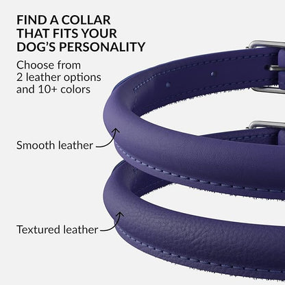 CollarDirect Rolled Leather Dog Collar, Soft Padded Round Puppy Collar, Handmade Genuine Leather Collar Dog Small Large Cat Collars 13 Colors (15-19 Inch, Purple Smooth)