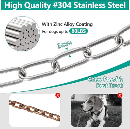 Tresbro Heavy Duty Dog Chains for Outside, 20FT Stainless Steel Tie Out Cable with Swivel Hook for Small Medium Dogs, Metal Chew Proof Pet Runner Chain Leash Lead for Outdoor Camping Hiking Yard, 3MM