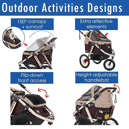 Run Performance Jogging Sports Stroller with Comfort Rubber Wheels/Zipper-Less Entry/1-Hand Quick Fold/Aluminum Frame for Small/Medium Dogs, Cats and Pets (Taupe)