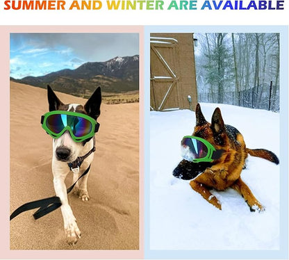 Large Dog Sunglasses With Adjustable Strap UV Protection, Windproof Puppy Eyewear, Suitable for Medium-Large Pets, Eyes Protection, Soft Goggles (Green Frame)