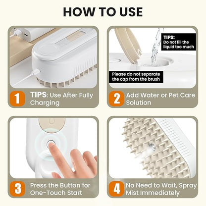 Cat Steam Brush for Shedding, Pet Steam Brush for Cats and Dog, 4 in 1 Rechargeable Cat Hair Brush, Spray Anti-Static, Massage, Cleaning, Shedding & Combing All In One, for Long & Short Haired Pets!