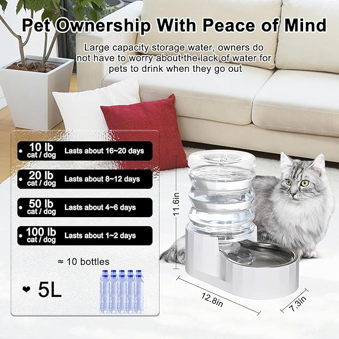 RIZZARI Dog Water Bowl Dispenser: 5L Automatic Stainless Steel Gravity Feeder - Large Capacity Ideal for Indoor and Outdoor Hydration