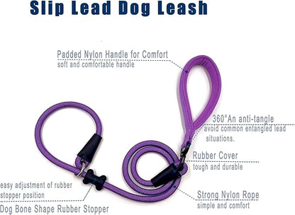 Slip Lead Dog Leash，Strong Nylon Rope Leash and Padded Handle,No Pull Outdoor Walking Training Lead for Small Medium Large Dogs(Purple,1/2"×4ft)