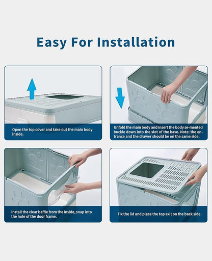Cat Litter Box with Litter Mat and Scoop, Large Foldable Litter Box with Lid, Front Entry Top Exit Kitty Box, Odor Control, Easy to Clean (Blue)