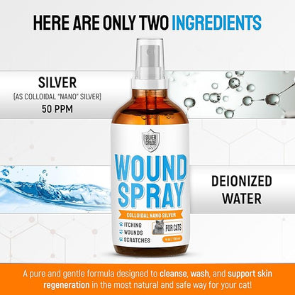 Cat Wound Care Spray with Silver – Wounds, Rashes, Hot Spots, Itch, Scratching, Irritation, Bites & Burns – Use a Cat Cone to Prevent Licking – Safe Formula – 4 Oz