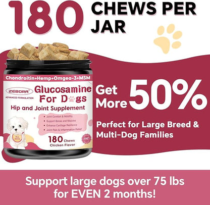 Glucosamine for Dogs - Joint Supplement for Dogs with Chondroitin, MSM, Omega 3, Hemp, Turmeric for Dog Joint Pain Relief, Dog Joint Supplement with Calcium Support Cartilage & Bone Health, 180 Chews