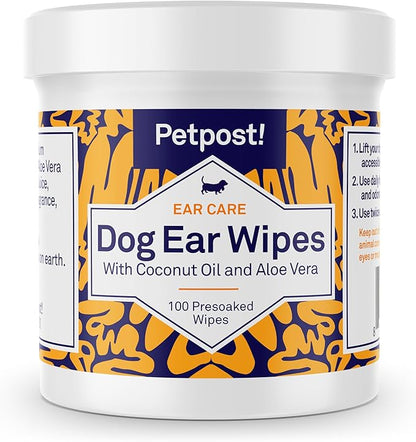 Petpost | Dog Ear Cleaner Wipes - Ultra Soft Cotton Pads in Coconut Oil Aloe Solution - Dog Ear Rinse & Cleanser 100 ct.