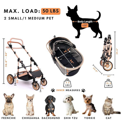 Pet Stroller with 4 Wheels, Foldable Pet Travel Carrier for Small/Medium Dogs Cats up to 50lbs, Detachble Portable Pet Bag, Storage Basket, Car Seat 3 in 1 Multifunctional (Tan)