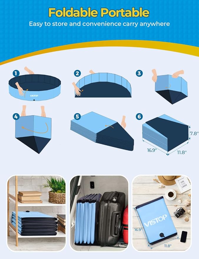VISTOP Jumbo Foldable Dog Pool, Hard Plastic Shell Portable Swimming Pool for Dogs Cats and Kids Pet Puppy Bathing Tub Collapsible Kiddie Pool (97inch.D x 15.7inch.H, Blue)