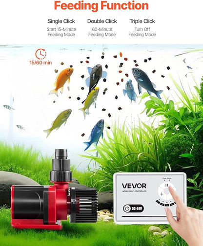 VEVOR Aquarium 24V DC Water Pump, 60W, 1750 GPH Marine Wavemaker Return Pump with Controller, Adjustable Flow, Feed Mode, 16 ft Maximum Lift, for Saltwater Freshwater Fish Tank Sump Pond Circulation