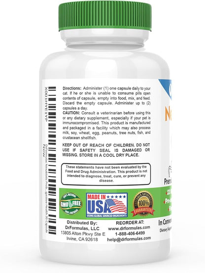 DrFormulas Nexabiotic Probiotics for Cats Powder | Treats Diarrhea for Pets with Saccharomyces Boulardii Lactobacillus Acidophilus, Best Probiotics Supplement for Digestive Health 30 Capsule