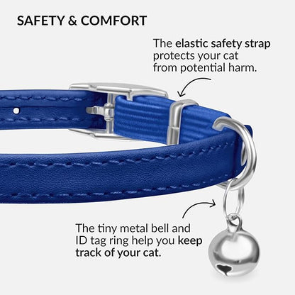 CollarDirect Leather Cat Collar, Kitten Collar with Removable Bell Black Blue Red Orange Lime Green (Neck Fit 8"-11", Navy Blue)