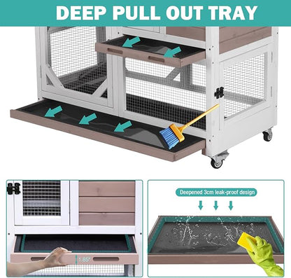 Rabbit Hutch Indoor for 2-4 Rabbits & Guinea Pigs，Bunny Cage with Slide-Out Plastic Trays，Wooden Small Animal Cage for Rabbits, Bunnies, and Guinea Pigs