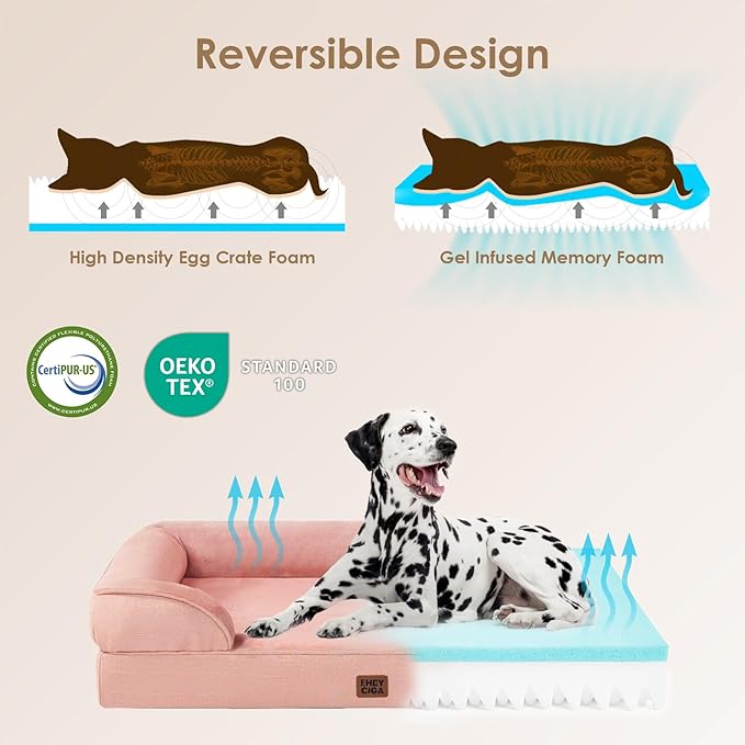 EHEYCIGA Orthopedic Dog Beds for Extra Large Dogs, Waterproof Memory Foam XXL Dog Bed with Sides, Non-Slip Bottom and Egg-Crate Foam Big Pet Couch Bed with Washable Removable Cover, Dusty Pink