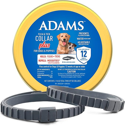 Adams Flea & Tick Collar Plus for Dogs & Puppies |2 Pack |12-Month Protection |One Size Fits All Dogs & Puppies 12 Weeks and Older |Kills Fleas and Ticks |Repels Mosquitoes (excluding California)