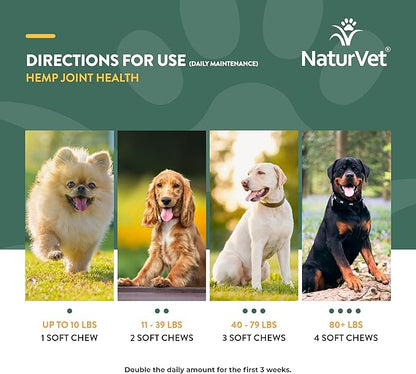NaturVet Hemp Joint Health, Joint Care Support Supplement for Dogs, Soft Chews, 60ct Made in The USA