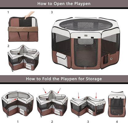 DONORO Dog Playpen 46" Portable Pet Play Pens for Small Medium Dogs, Foldable Exercise Kennel Tent Crate Indoor/Outdoor Travel Camping, Removable Top/Bottom (Brown, Large (46"x46"x23"), 8)