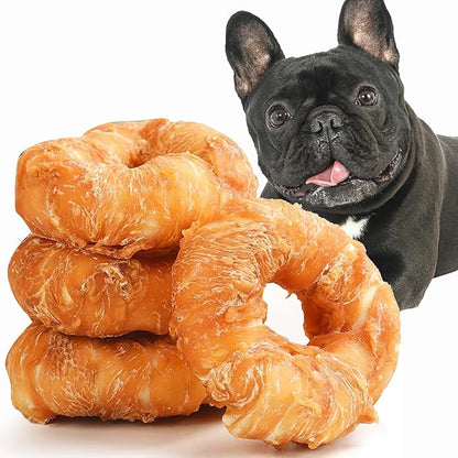 ASMPET Dog Treats Chews, Chicken Wrapped Rawhide Donuts Dental Care Chews for Small Medium Large Breed Aggressive Chewers (Pack of 4)