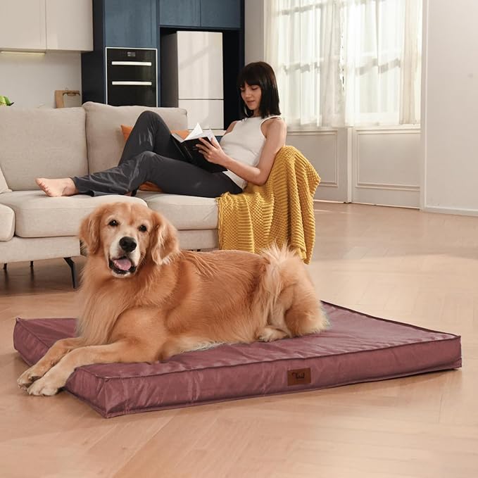 Outdoor Extra Large Dog Bed, Jumbo Waterproof Dog Bed for Large Dogs, Orthopedic Egg Foam Pet Bed Mat with Removable Oxford Cooling Cover, Pink