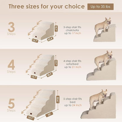 EHEYCIGA Curved Dog Stairs Ramp for High Beds 22.6" H, 5-Step Dog Steps for Small Dogs and Cats, Pet Stairs for High Bed Climbing, Non-Slip Balanced Pet Step Indoor, Beige