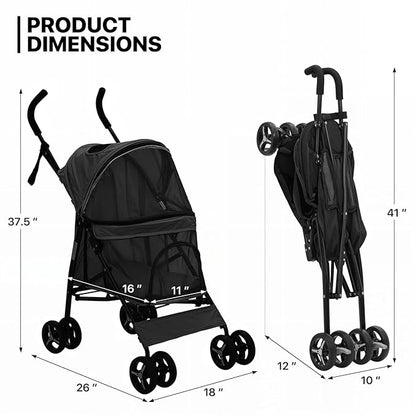 MoNiBloom 4 Wheels Pet Stroller, Easy-Fold Puppy Cage Jogger Stroller with Sun Cover, Pad and Rear Storage Bag, Breathable and Visible Mesh for Small/Medium Pets up to 22 lbs, Black