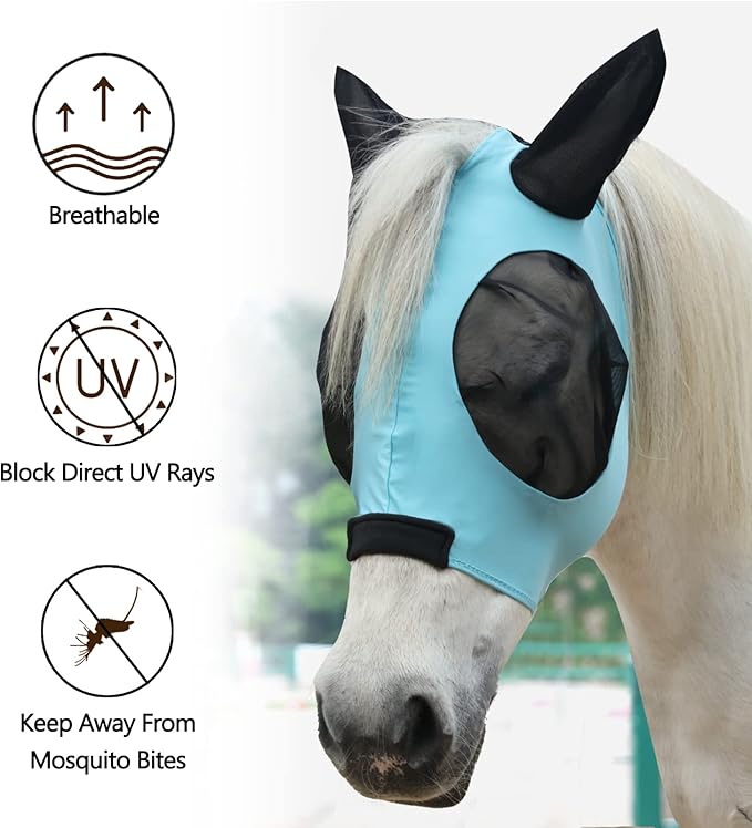 Horse Fly Mask with Ears - Large Eye Space for Full Vision, Breathable Stretch Comfort Fit, UV Protection, Forelock Opening, Easy Pull-On Paleblue Pony