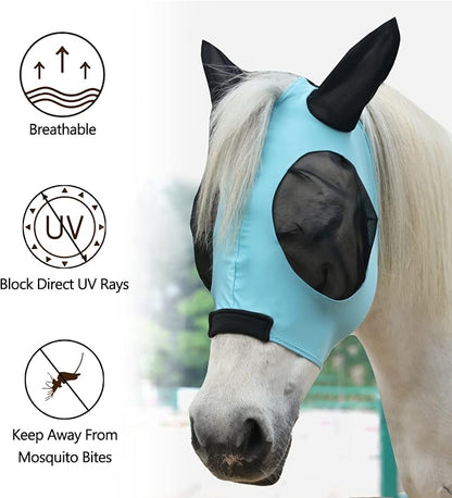 Horse Fly Mask with Ears - Large Eye Space for Full Vision, Breathable Stretch Comfort Fit, UV Protection, Forelock Opening, Easy Pull-On Paleblue Pony